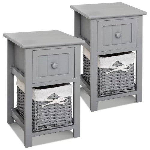 Set of 2 Nightstand, Solid Wood Bedside Table with Drawer and Wicker Basket for Home, Living Room, Bedroom 31 x 28 x 45cm (Grey) Set of 2 Nightstand, Solid Wood Bedside Table with Drawer and Wicker Basket for Home, Living Room, Bedroom 31 x 28 x 45cm (Grey)